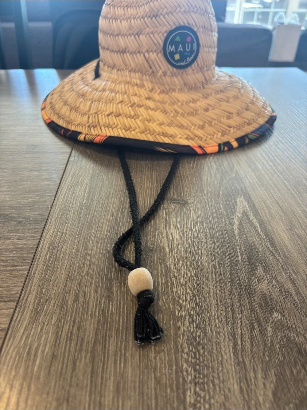 Maui and Sons Natural Straw Hat with Black Logo Patch and Multicolor Trim